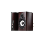 A pair of bookshelf speakers with dark brown wood-grain finishes, showing the front and side views against a plain white background.