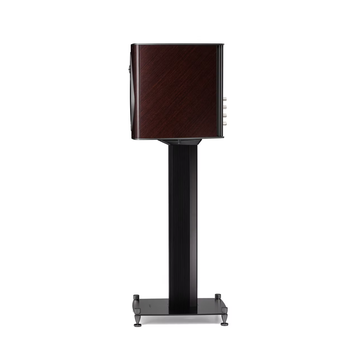 A high-end speaker on a tall black stand, featuring a dark reddish-brown wood-grain cabinet and a black ribbed metal stand, shown against a plain white background.