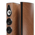 A pair of floorstanding bookshelf speakers with a brown wood-grain finish and black accents, shown against a plain white background.