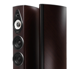 Two dark brown wood floor speakers shown against a white background, with one speaker displaying its front grille and drivers and the other showing its side profile.