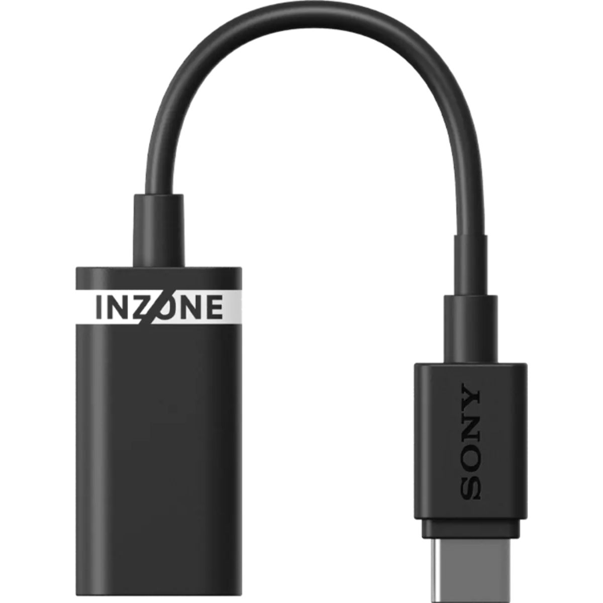 A black INZONE and SONY USB-C to HDMI adapter cable on a solid white background.