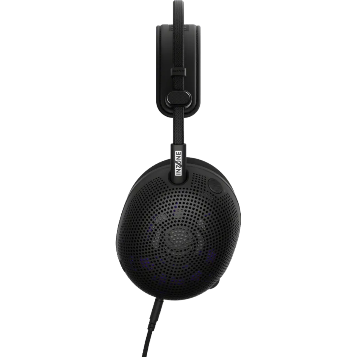 A black over-ear Sony gaming headset with a circular speaker grille and a visible 'INZONE' text on the headband attachment, shown against a solid white background.