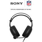 Black Sony over-ear gaming headphones with an attached microphone, shown below the SONY and NFL logos on a plain white background.