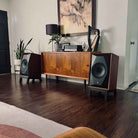 MoFi Electronics SourcePoint 10 Master Edition Bookshelf Speakers - walnut - lifestyle photo pair of speakers on stands next to cabinet