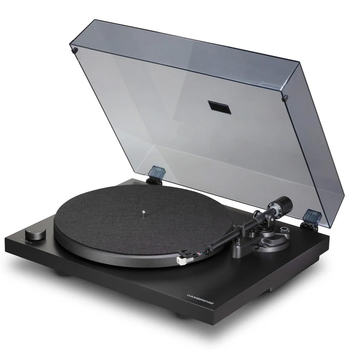 Cambridge Audio Spira Bluetooth Turntable Black angled front view with dustcover open