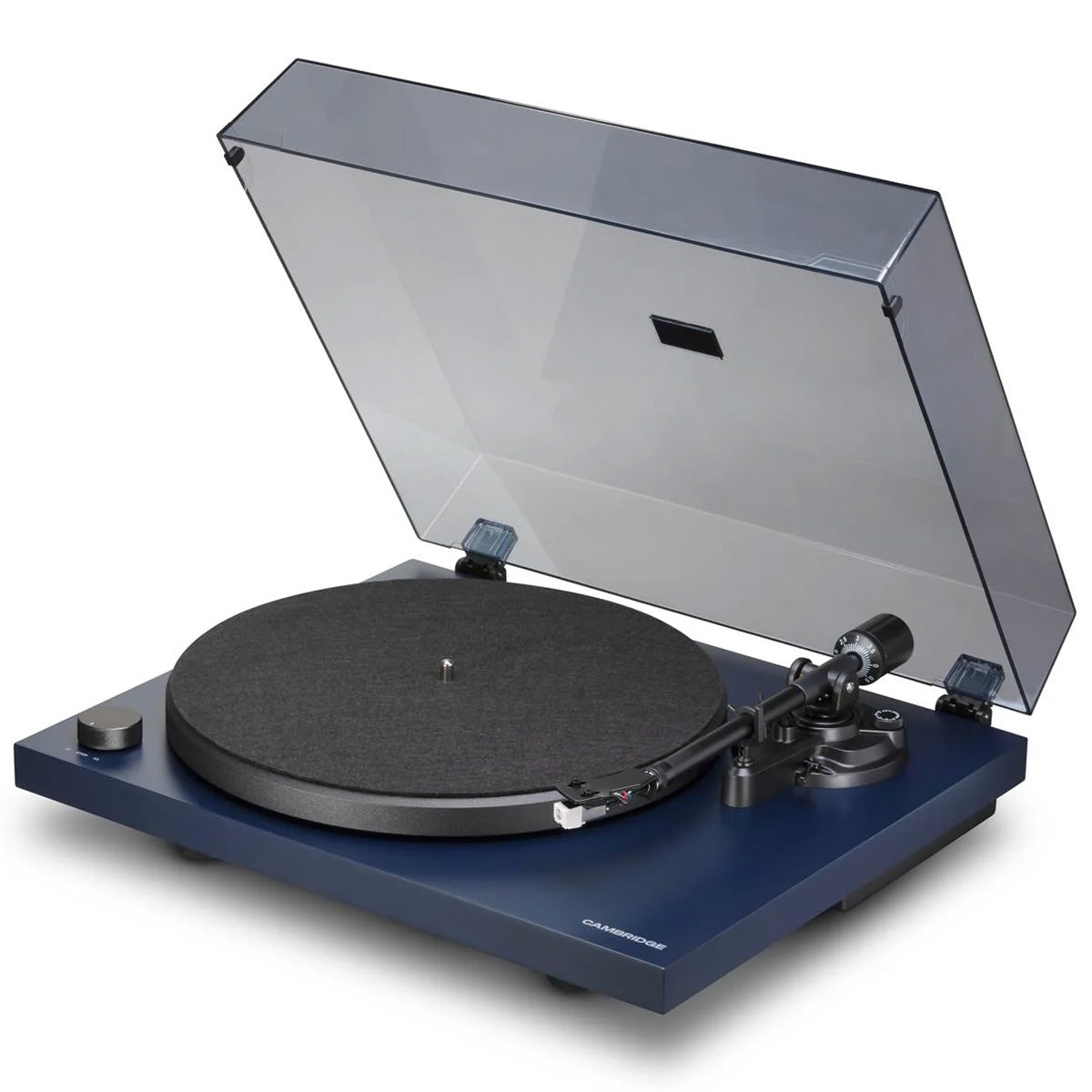 Cambridge Audio Spira Bluetooth Turntable Blue angled front view with dustcover open