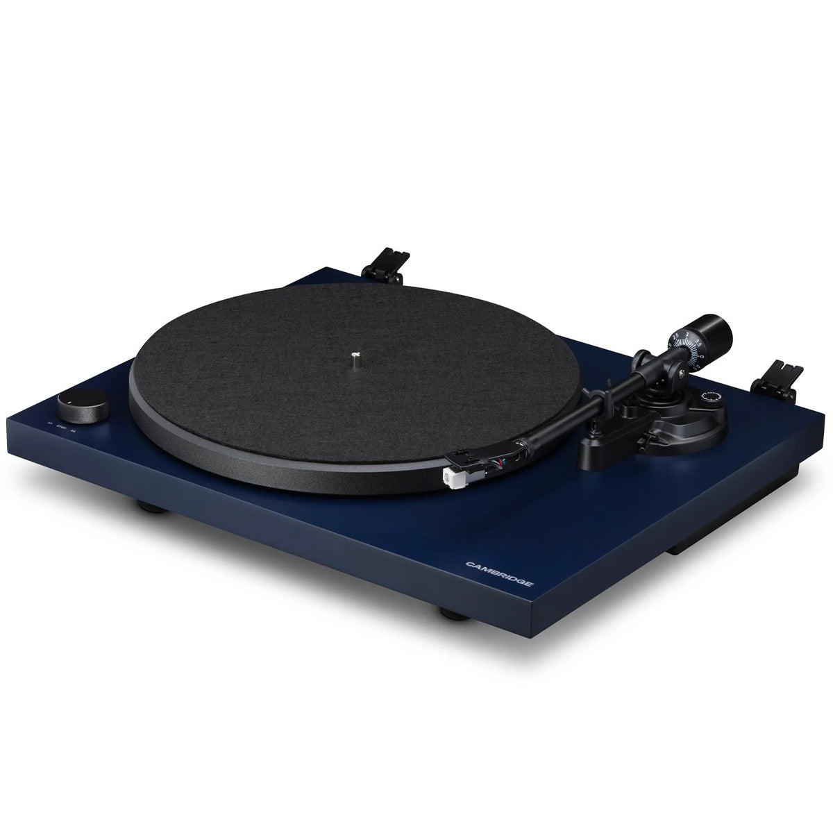 Cambridge Audio Spira Bluetooth Turntable Blue angled front view with dustcover removed