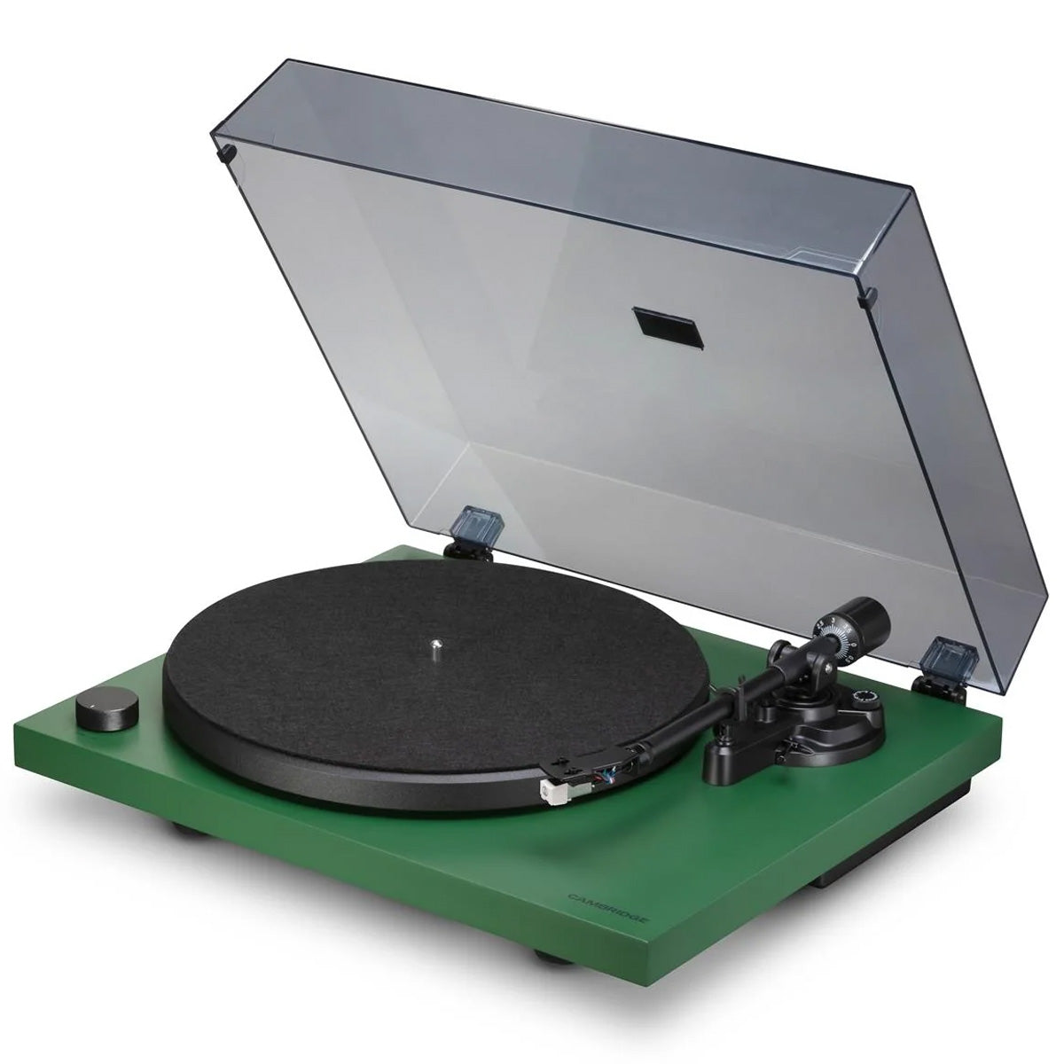 Cambridge Audio Spira Bluetooth Turntable Green angled front view with dustcover open