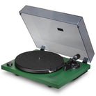 Cambridge Audio Spira Bluetooth Turntable Green angled front view with dustcover open