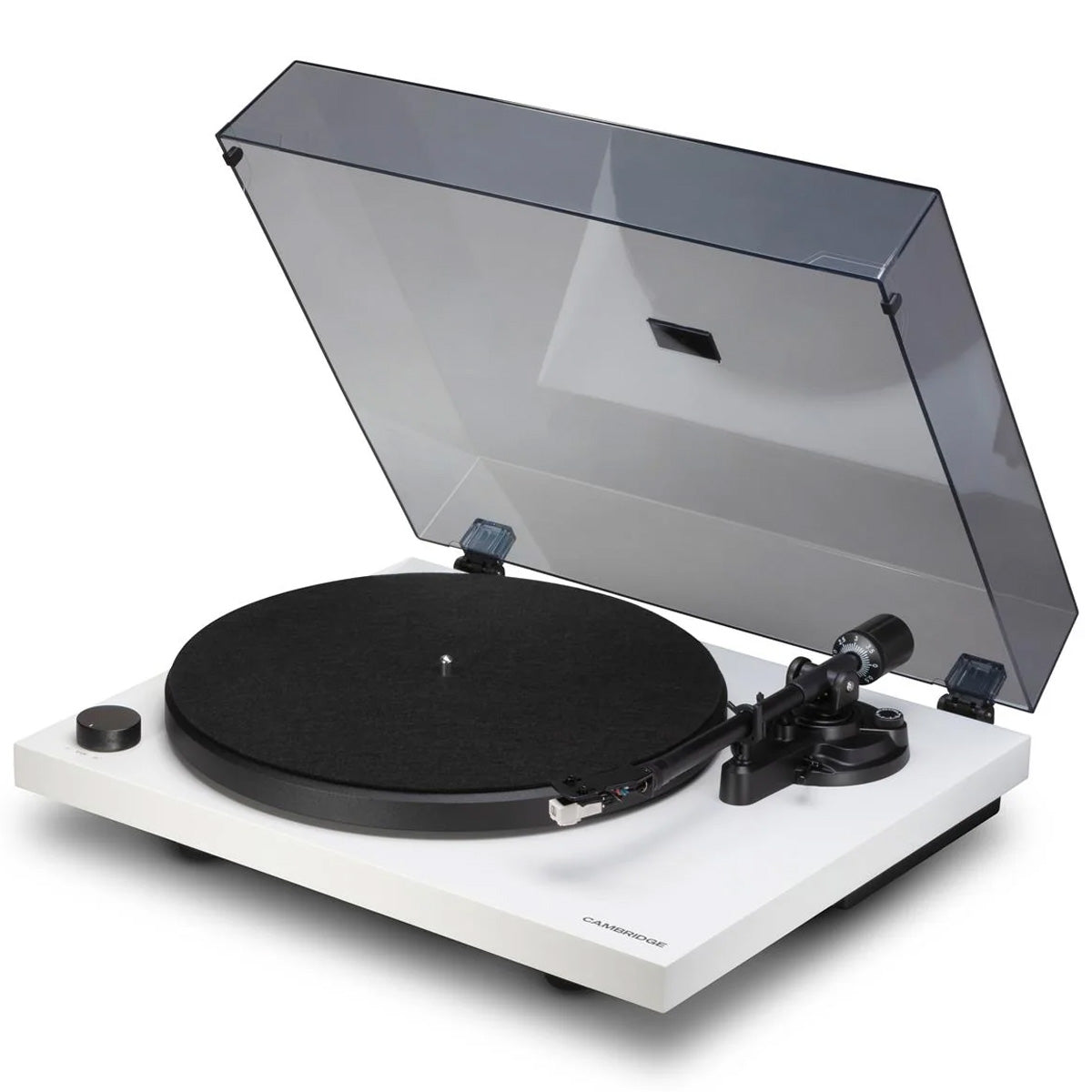 Cambridge Audio Spira Bluetooth Turntable White angled front view with dustcover open