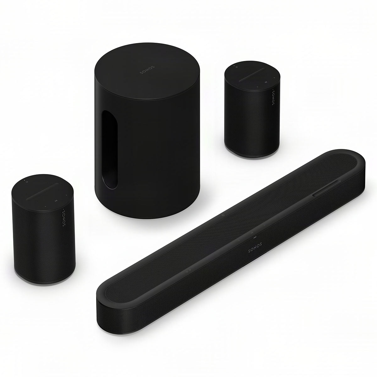 Sonos Beam Ultra Soundbar - black - front and top view angled right with one Sonos Sub Mini and two Sonos Era 100 behind bar