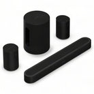 Sonos Beam Ultra Soundbar - black - front and top view angled right with one Sonos Sub Mini and two Sonos Era 100 behind bar