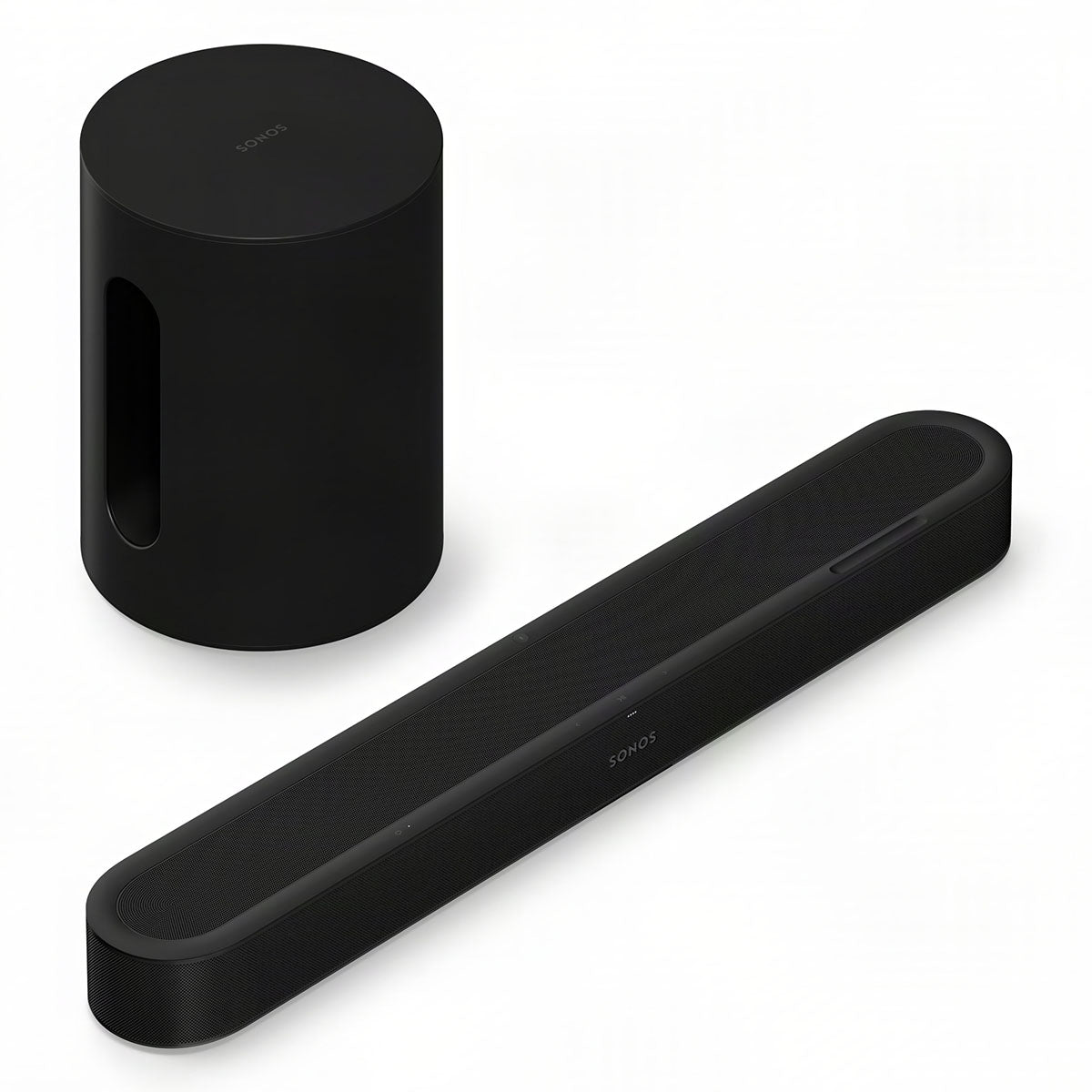Sonos Beam Ultra Soundbar - black - front and top view angled right with one Sonos Sub Mini behind bar