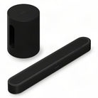 Sonos Beam Ultra Soundbar - black - front and top view angled right with one Sonos Sub Mini behind bar