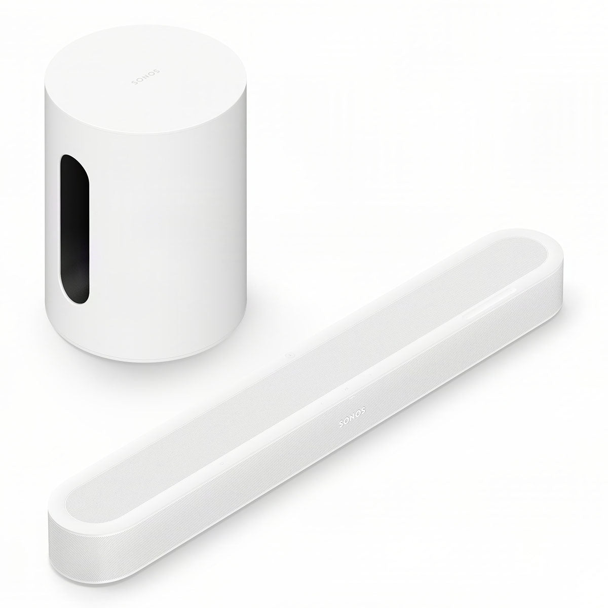 Sonos Beam Ultra Soundbar - white - front and top view angled right with one Sonos Sub Mini behind bar