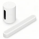 Sonos Beam Ultra Soundbar - white - front and top view angled right with one Sonos Sub Mini behind bar