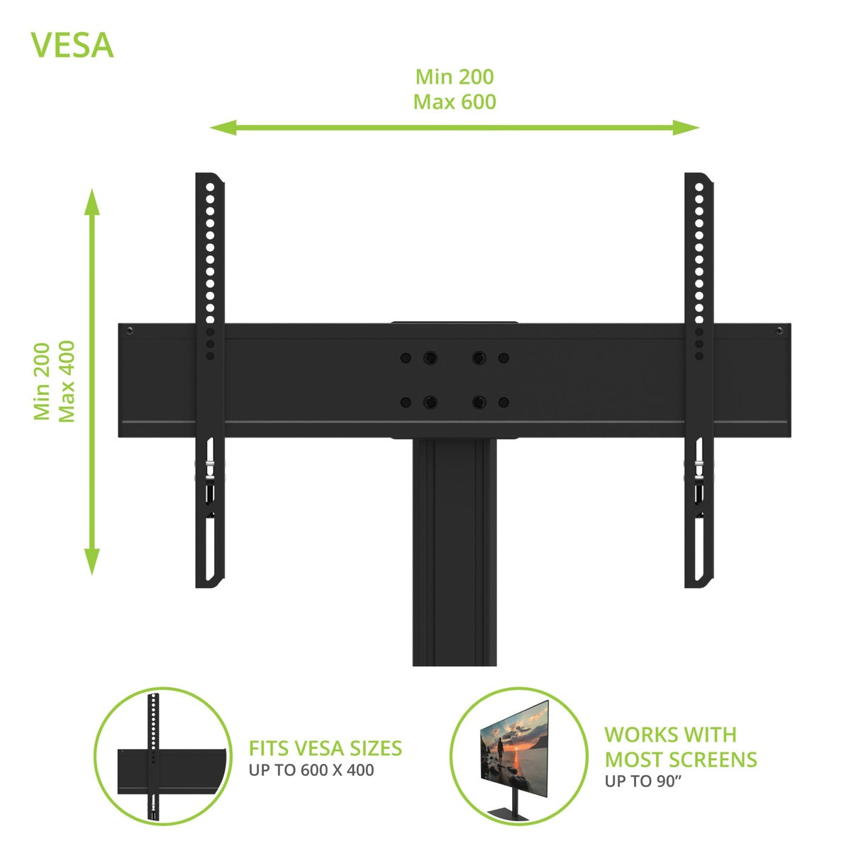 Black TV wall mount with VESA dimensions on a white background