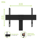 Black TV wall mount with VESA dimensions on a white background