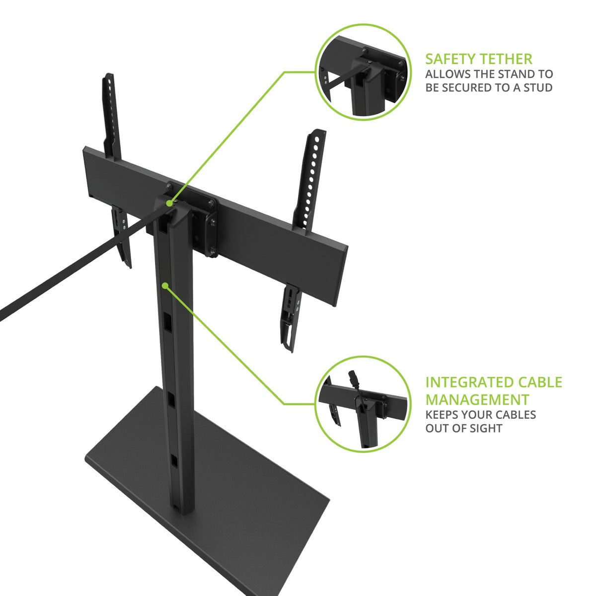Black TV stand with safety tether and cable management features on a white background