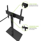Black TV stand with safety tether and cable management features on a white background