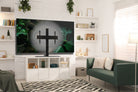 Modern living room with a TV on a white entertainment console, green sofa, and decorative shelves.