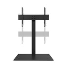 Black TV stand with adjustable brackets on a white background