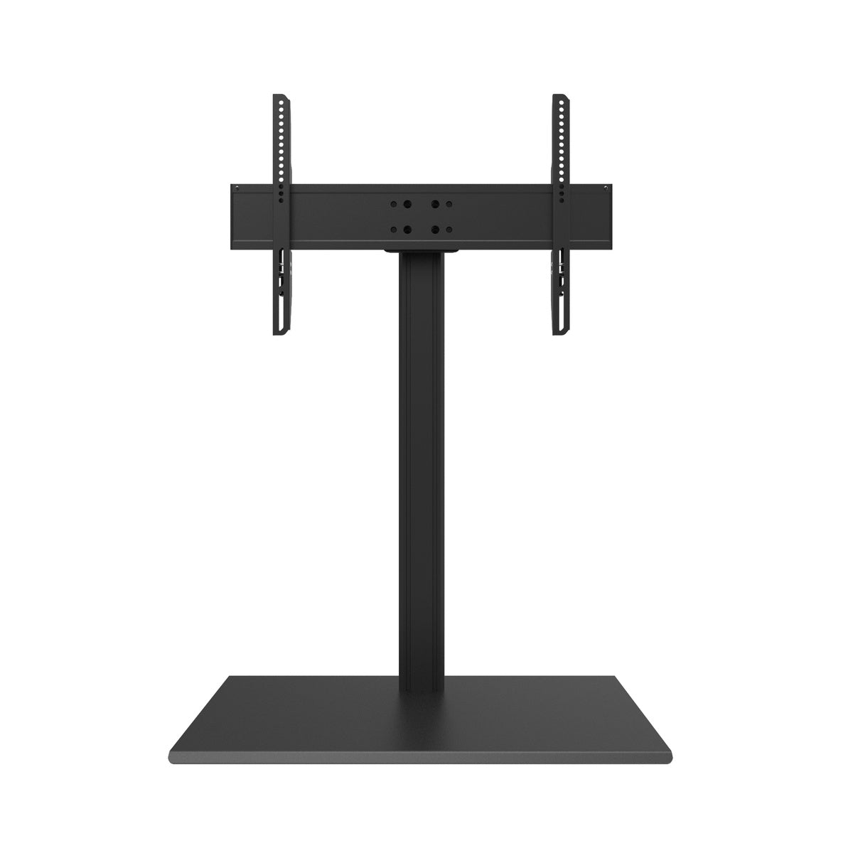 Black TV stand with adjustable bracket on a white background