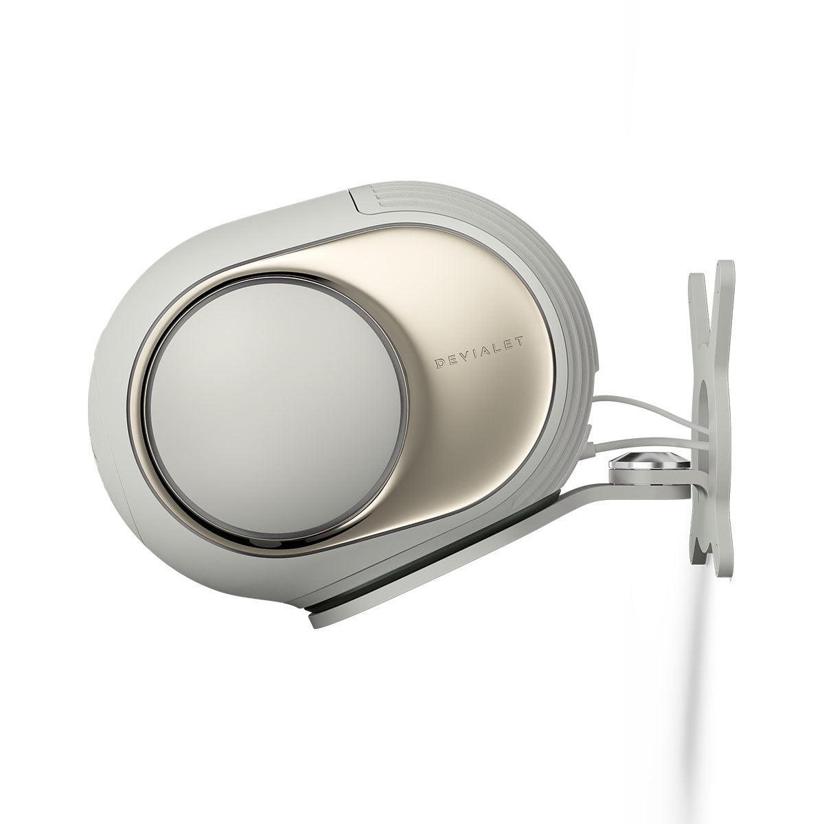 Devialet Phantom Ultimate 98 dB High-End Connected Speaker - Light Pearl - single speaker on Devialet Gecko wall mount facing left