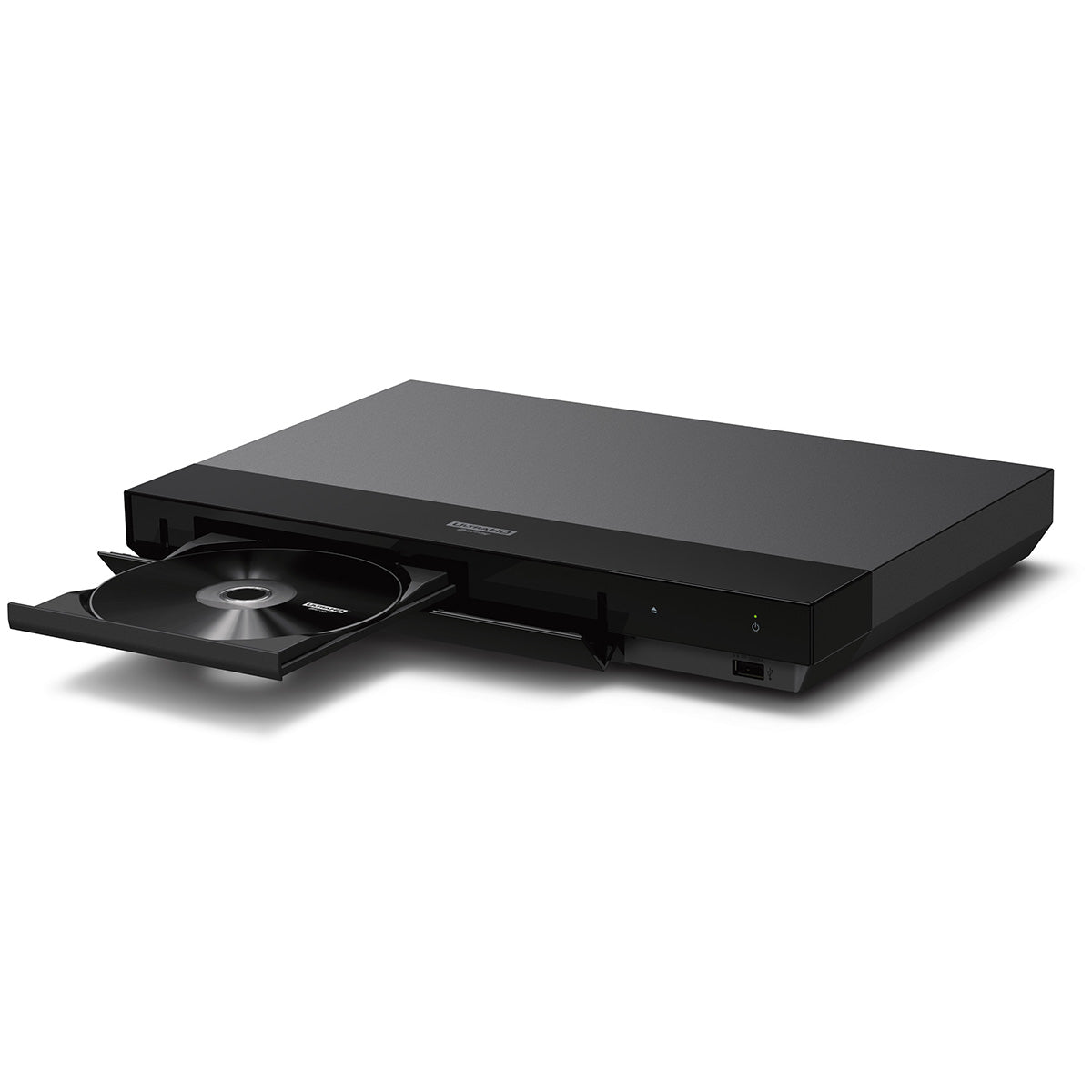 Sony UBP-X700U Blu-ray Disc Player front and top view angled left with disc tray ejected