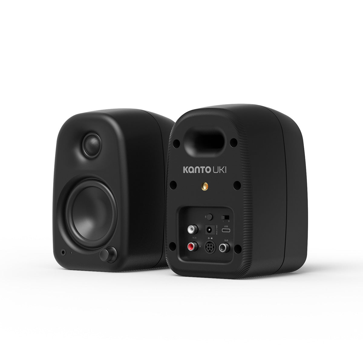 Kanto UKI Compact Desktop Speakers - Onyx pair - angled front and rear views