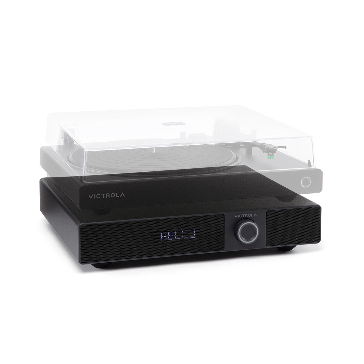 Victrola Soundstage Speaker System - Black - front view angled right with translucent turntable overlay