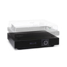 Victrola Soundstage Speaker System - Black - front view angled right with translucent turntable overlay