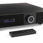 Victrola Soundstage Speaker System - Black - close-up of front panel and knob with remote to front