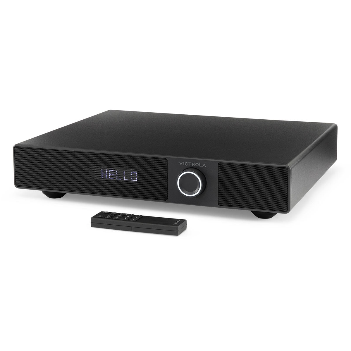 Victrola Soundstage Speaker System - Black - front view angled left with remote in front