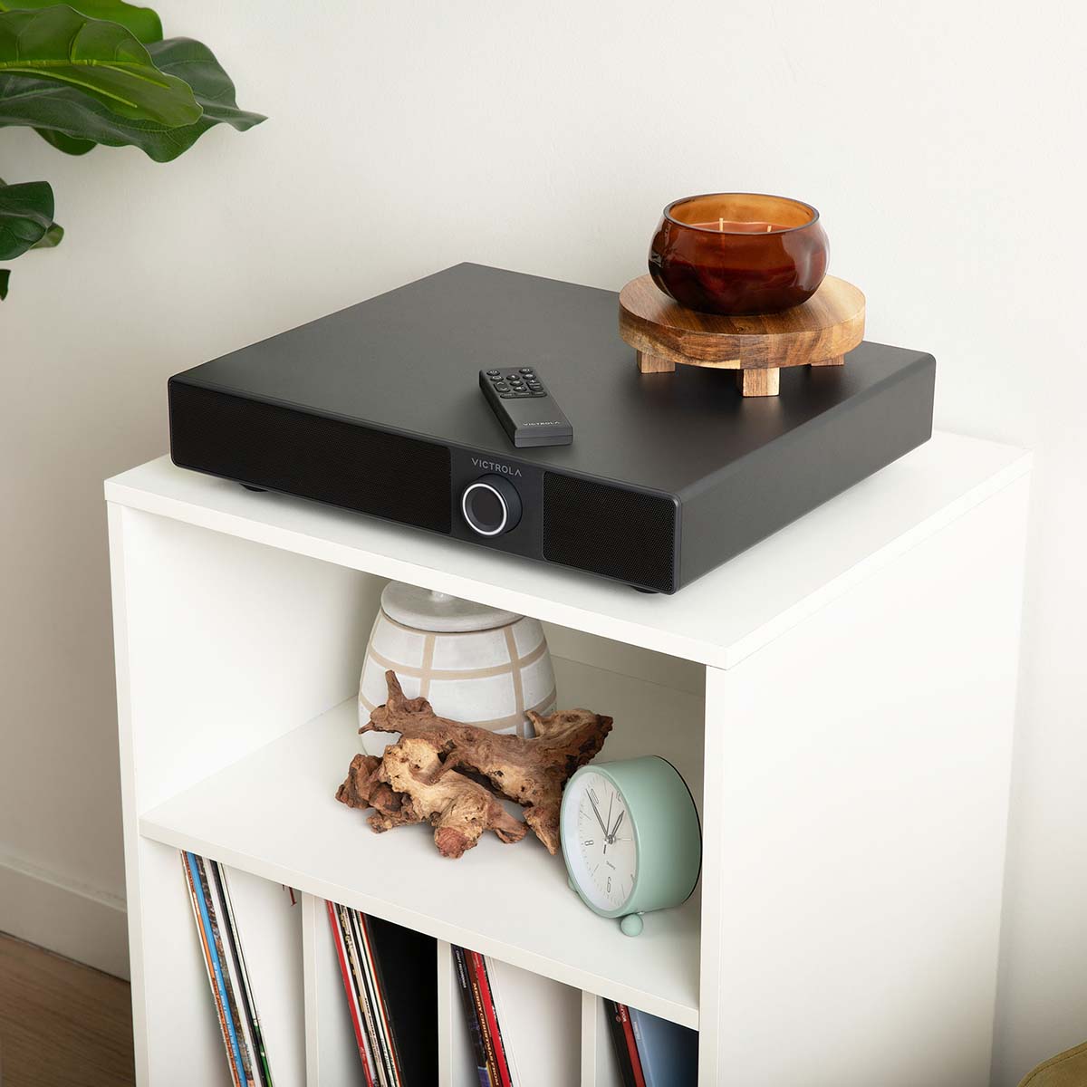 Victrola Soundstage Speaker System - Black - lifestyle photo of unit on record stand