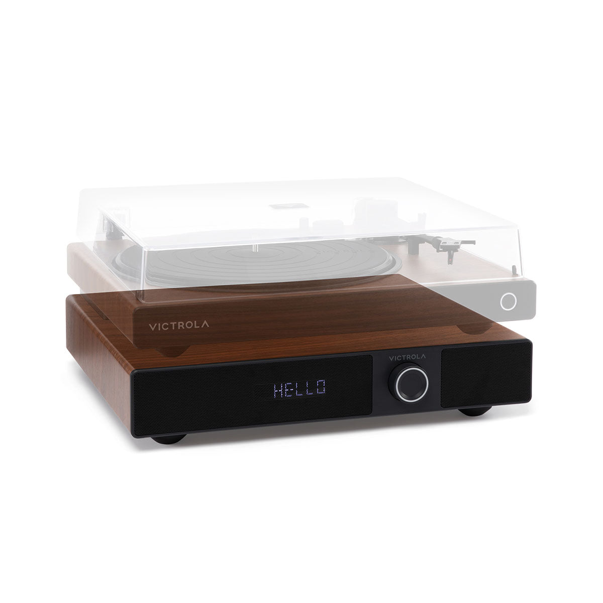 Victrola Soundstage Speaker System - Walnut - front view angled right with translucent turntable overlay