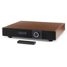 Victrola Soundstage Speaker System - Walnut - front view angled left with remote in front