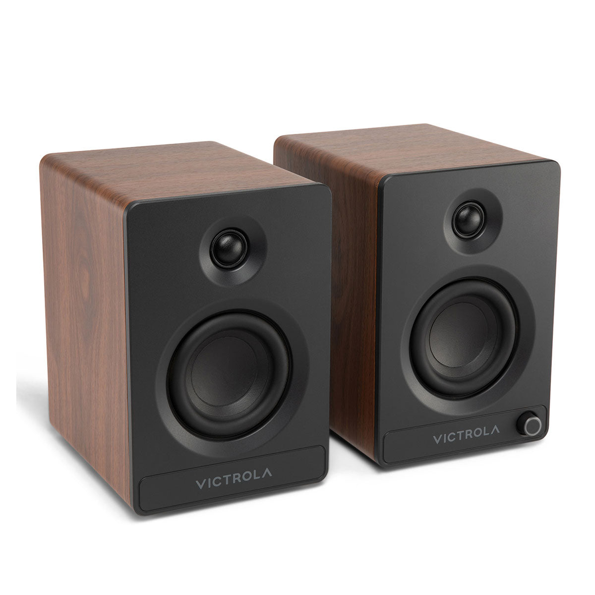 Victrola Tempo Bluetooth Bookshelf Speakers - walnut pair - angled front view