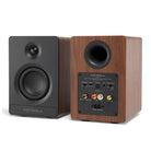 Victrola Tempo Bluetooth Bookshelf Speakers - walnut pair - angled front and rear views