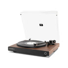 Victrola Wave Bluetooth Turntable - walnut with open dust cover - angled front view