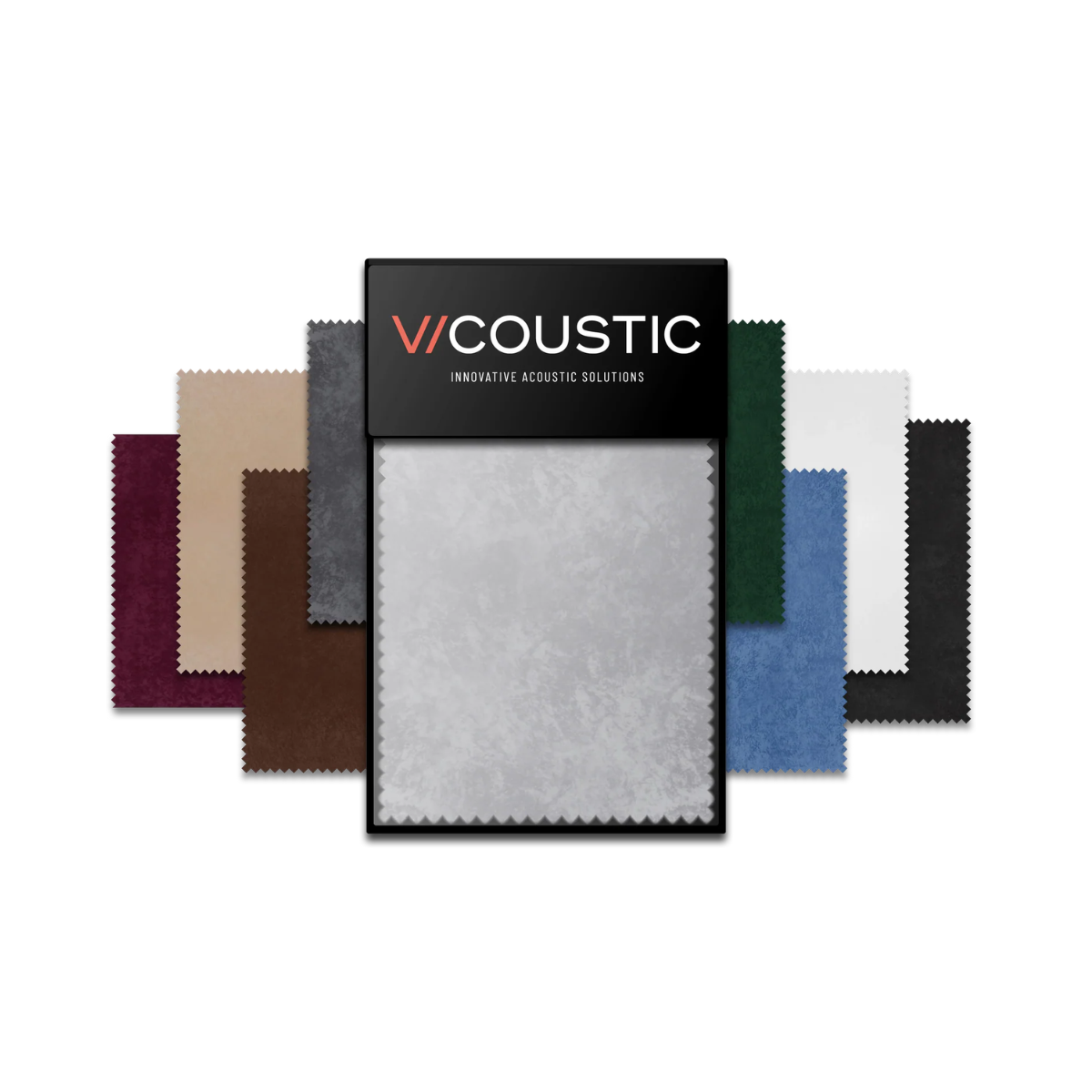 A fabric swatch display card labeled 'VICOUSTIC Innovative Acoustic Solutions' with multiple fabric samples fanned out behind it in burgundy, beige, gray, brown, green, white, blue, and black on a white background.