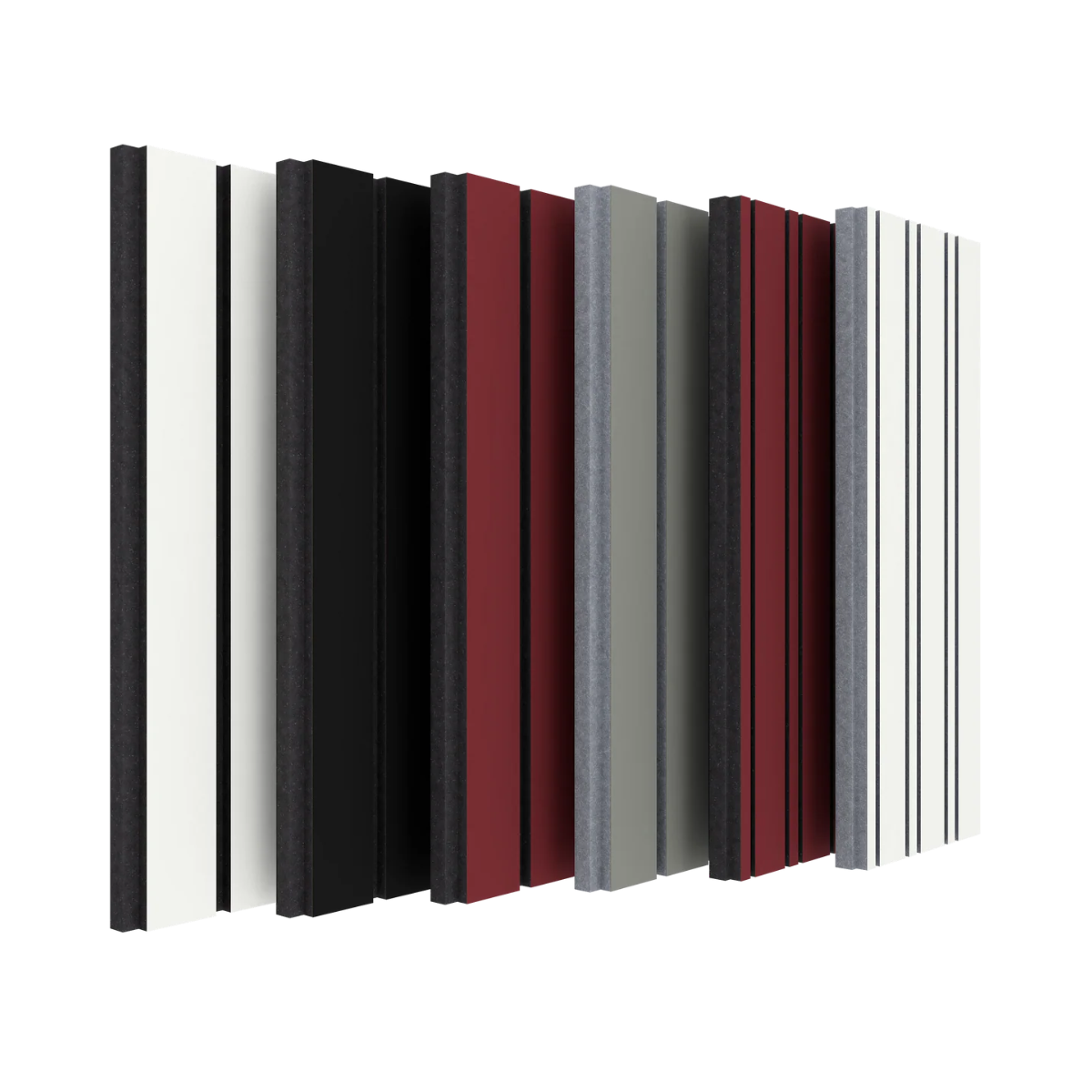 A set of Vicoustic VicStrip Sample Pack Panels or cladding samples shown in a row, featuring color options including white, black, dark red, medium gray, and light gray with thin black stripes, on a plain white background.