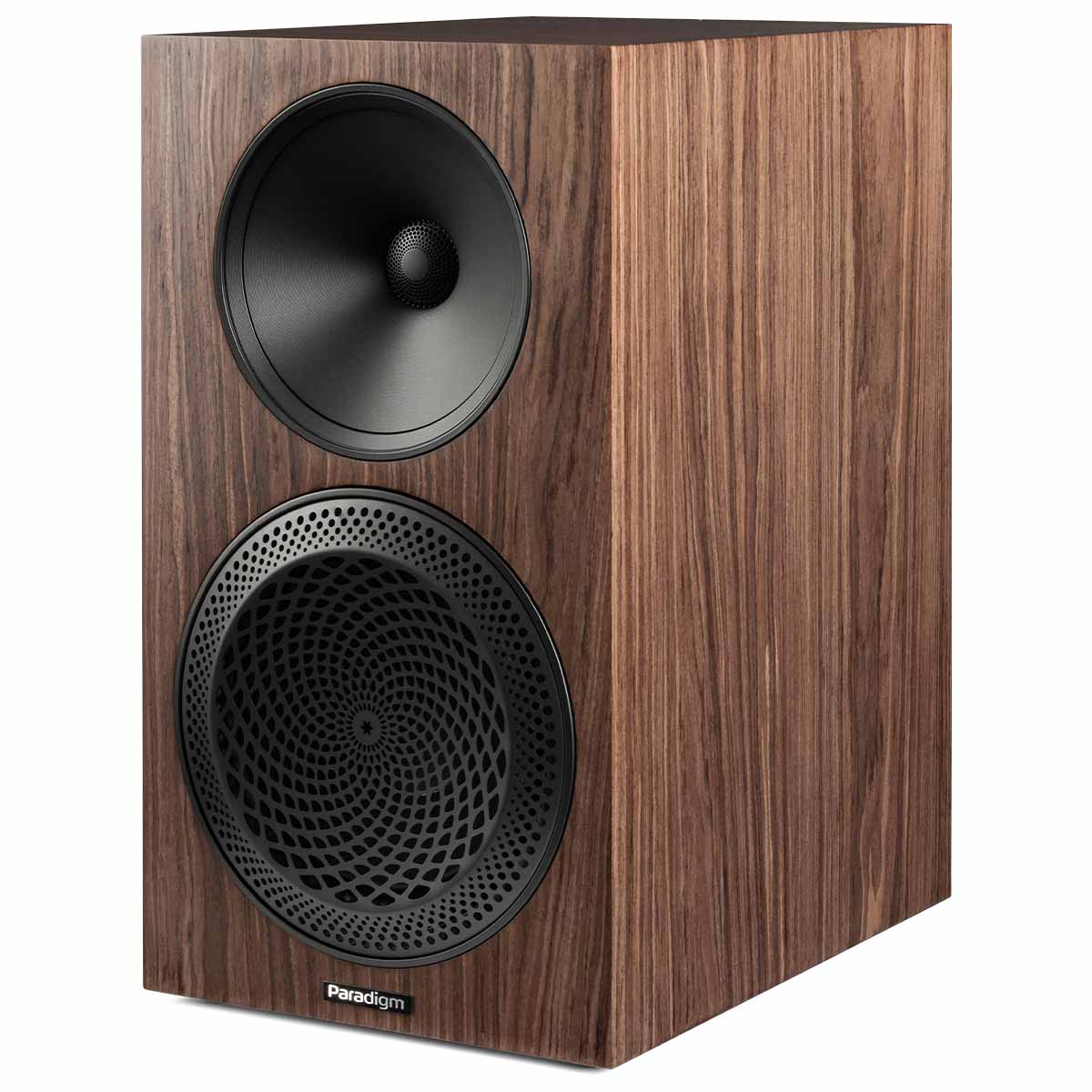 Paradigm Premier 220B V2 Bookshelf Speaker - Each walnut angled front view without grille