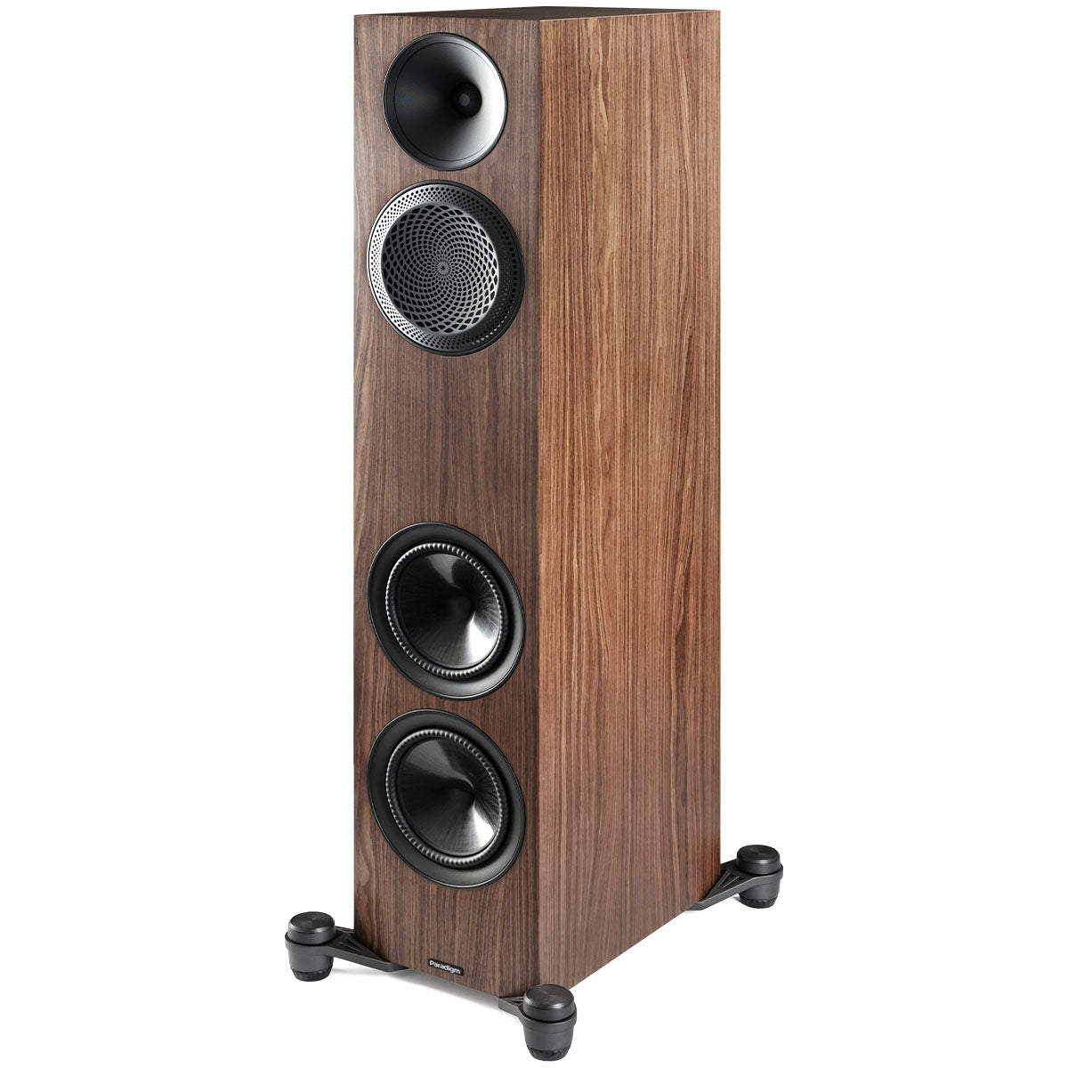 Paradigm Premier 720F V2 Floorstanding Speaker - Each walnut angled front view without grille