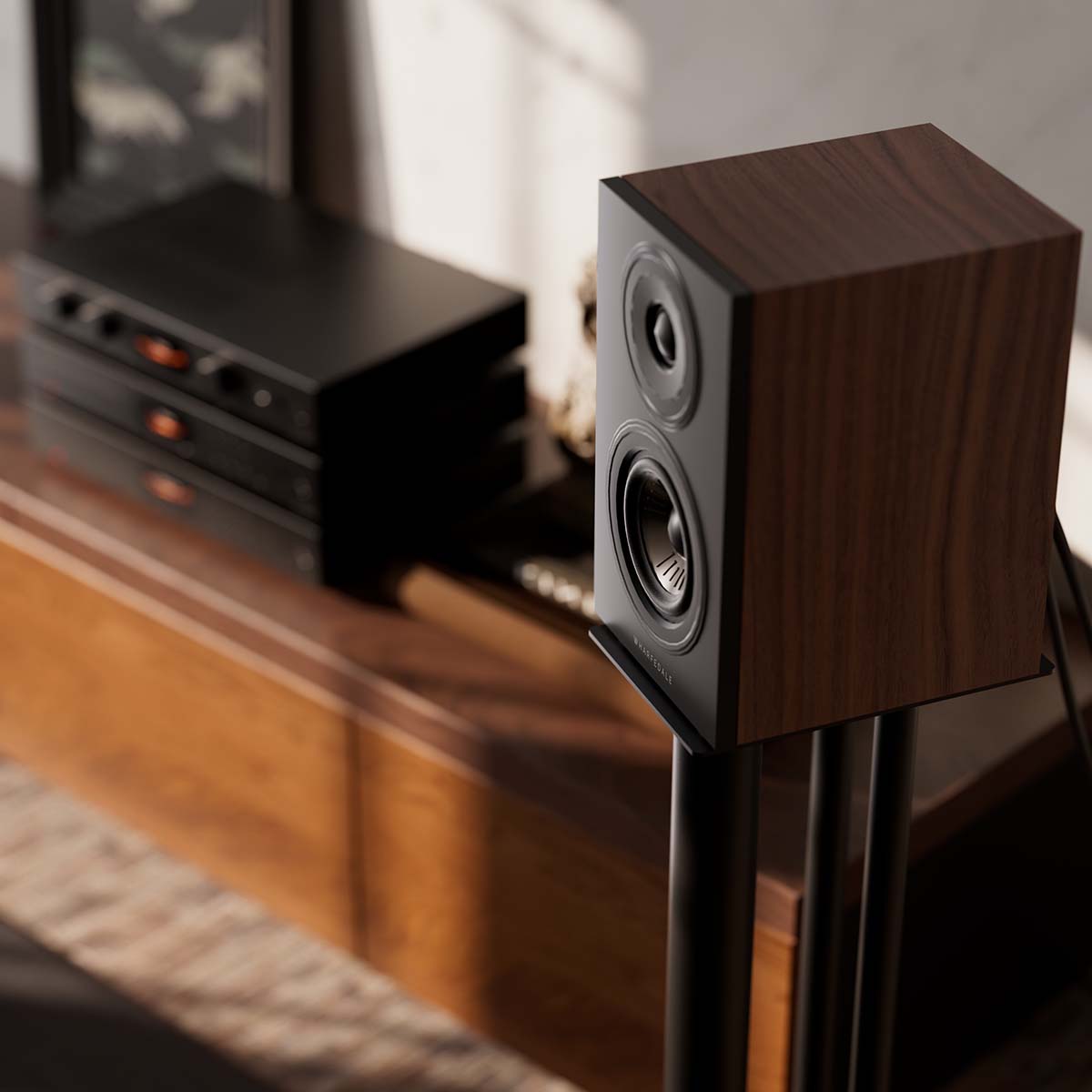 Wharfedale Diamond 12.0i 2-Way Bookshelf Speakers - single walnut speaker lifestyle photo side and top view facing left