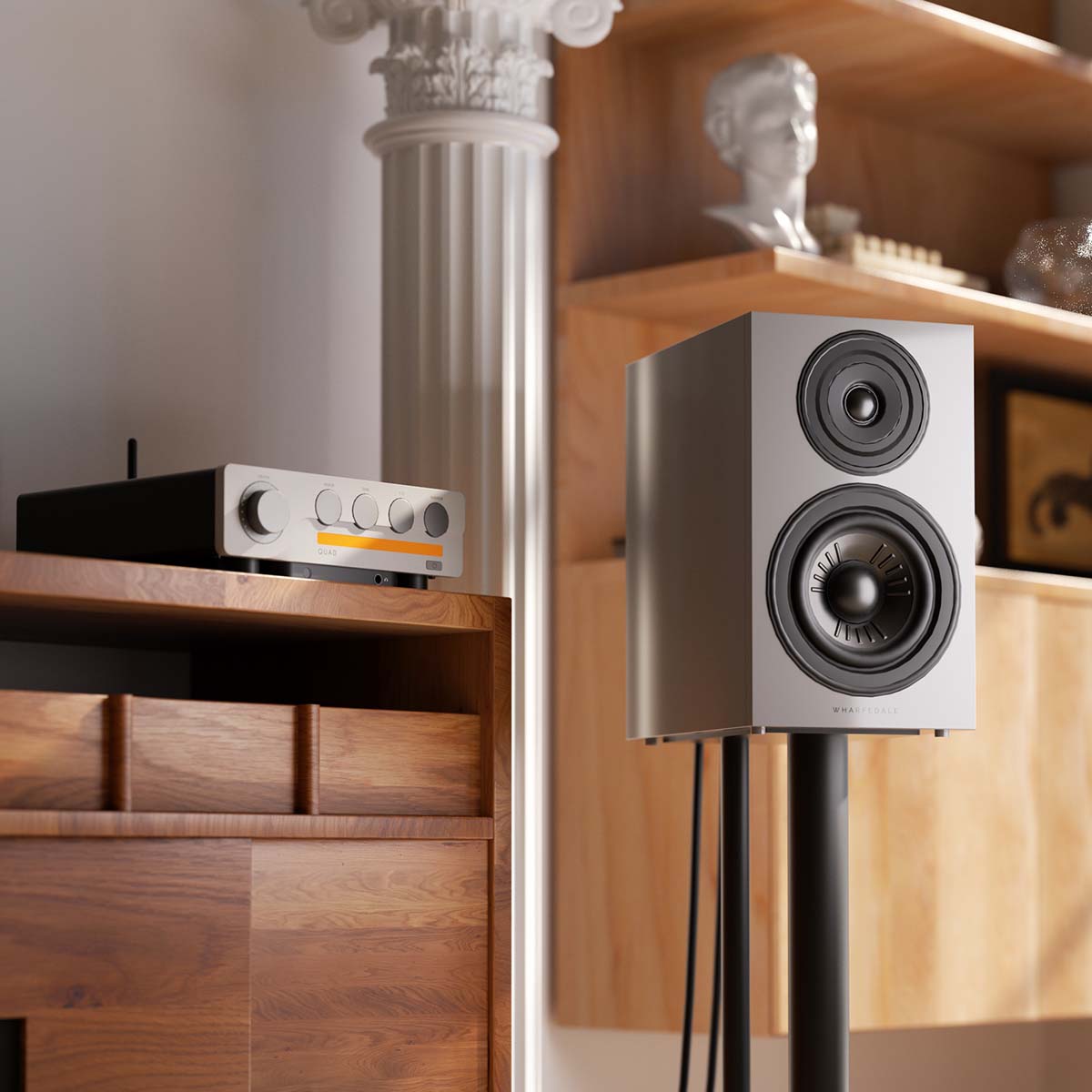 Wharfedale Diamond 12.2i 2-Way Bookshelf Speakers - single grey speaker lifestyle photo front view angled right without grille