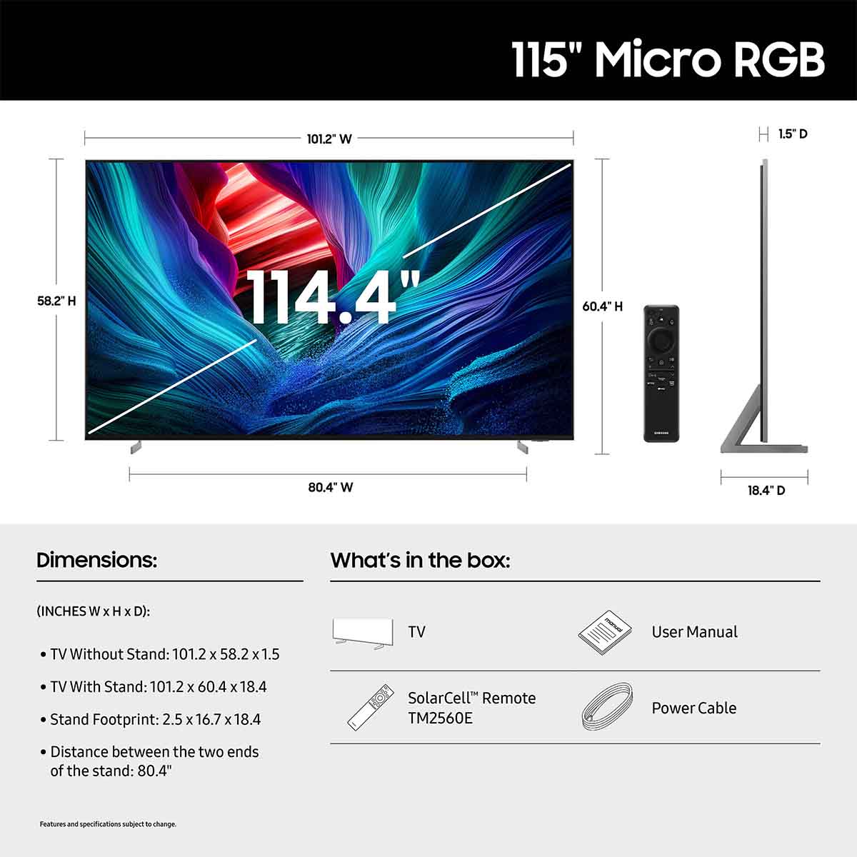 Samsung R95 Micro RGB 4K Smart TV - dimensions and what's in the box