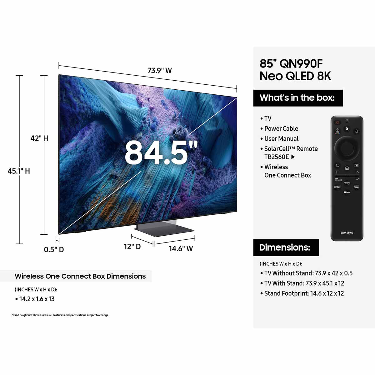 Samsung QN990F 8K Neo QLED Mini LED Smart TV - 85 inch dimensions and what's in the box
