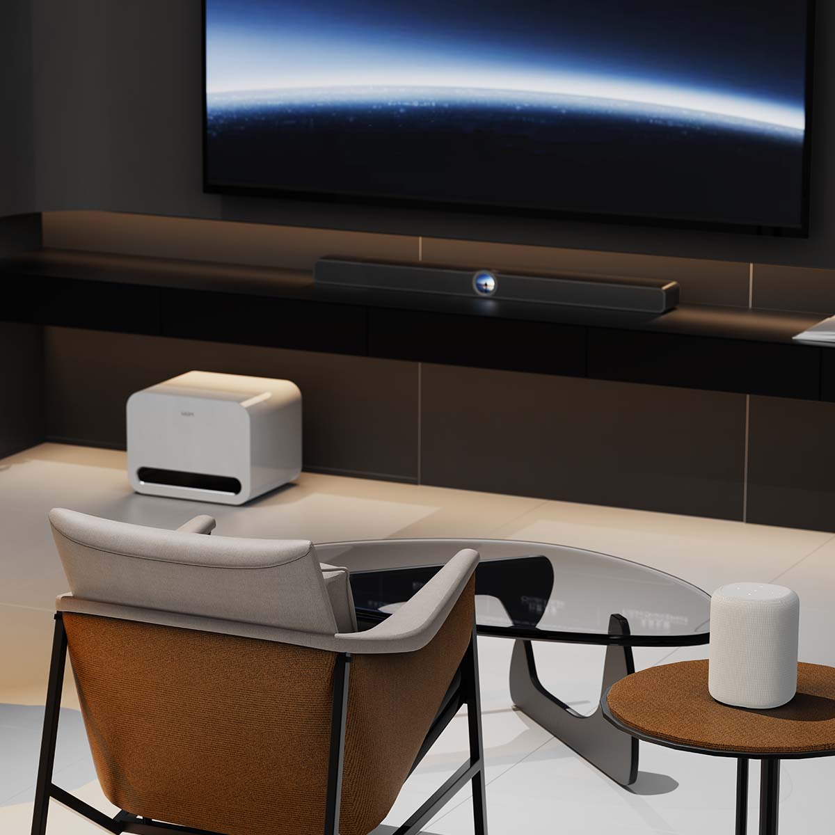 WiiM Bar 3.0.2 Soundbar with Dolby Atmos - Gloss Black - lifestyle photo of soundbar below TV on cabinet in living room