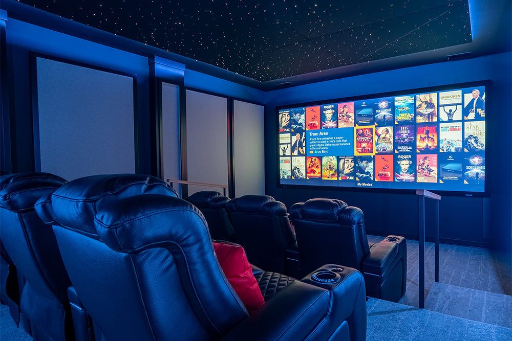 Home theater room with large video wall